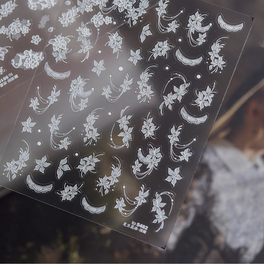 5D Embossed White Floral & Lace Nail Stickers - Wedding Art 5482