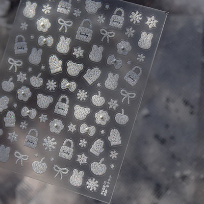 5D Knit Sweater Nail Stickers - Embossed Bear & Snowflakes Decals