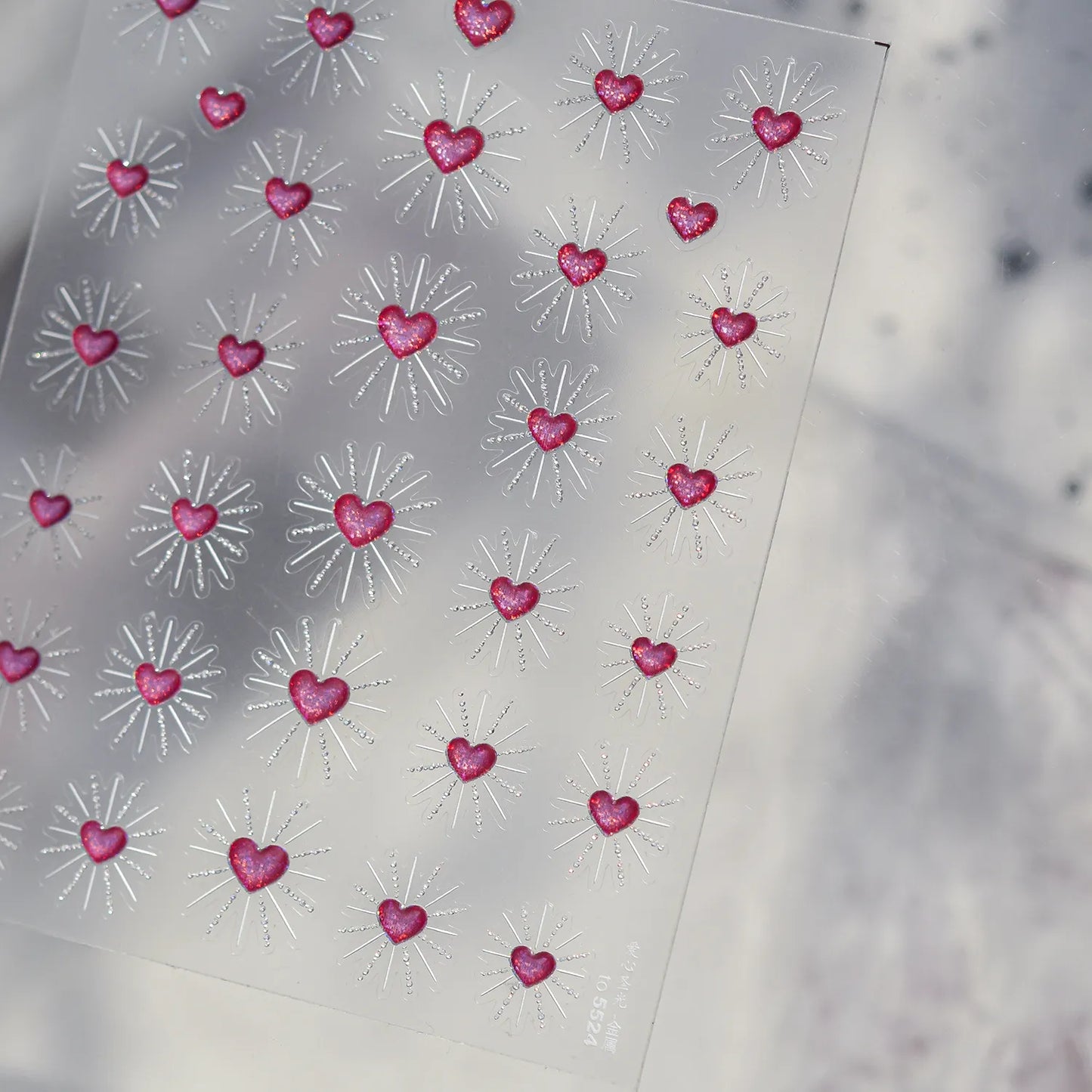3D Starburst Heart Nail Stickers - Pink Glitter Valentine's Decals 5524