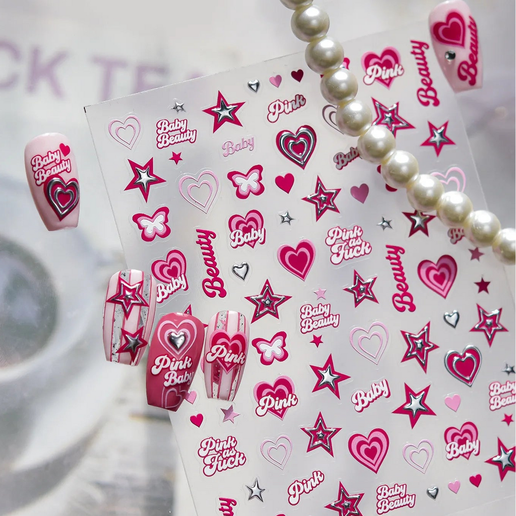 Y2K Pink Heart & Silver Star 3D Nail Art Stickers For Valentine's Day 5544