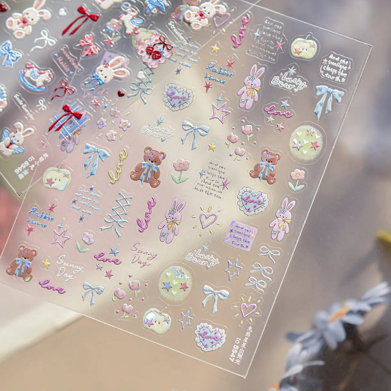 5D Kawaii Rabbit Nail Stickers Coquette Bunny Bows Decals 5547