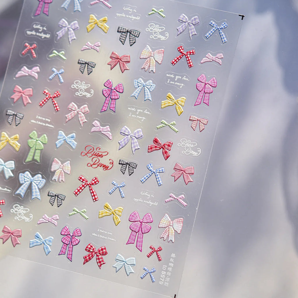 Gingham Plaid Bow Nail Stickers - Preppy Coquette Art Decals 5579