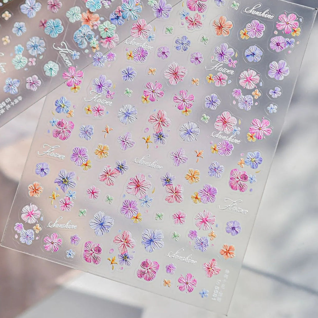 3D Embossed Aurora Pastel Floral Nail Stickers | Pressed Flower Decals 5581