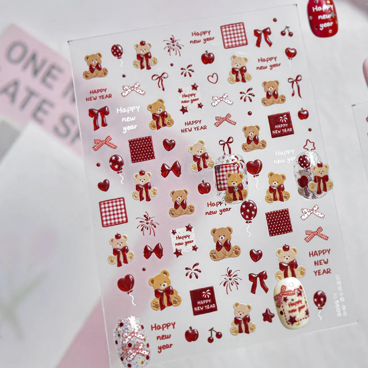 3D Rose Bear & Bow Nail Stickers - Valentine Nails Art 