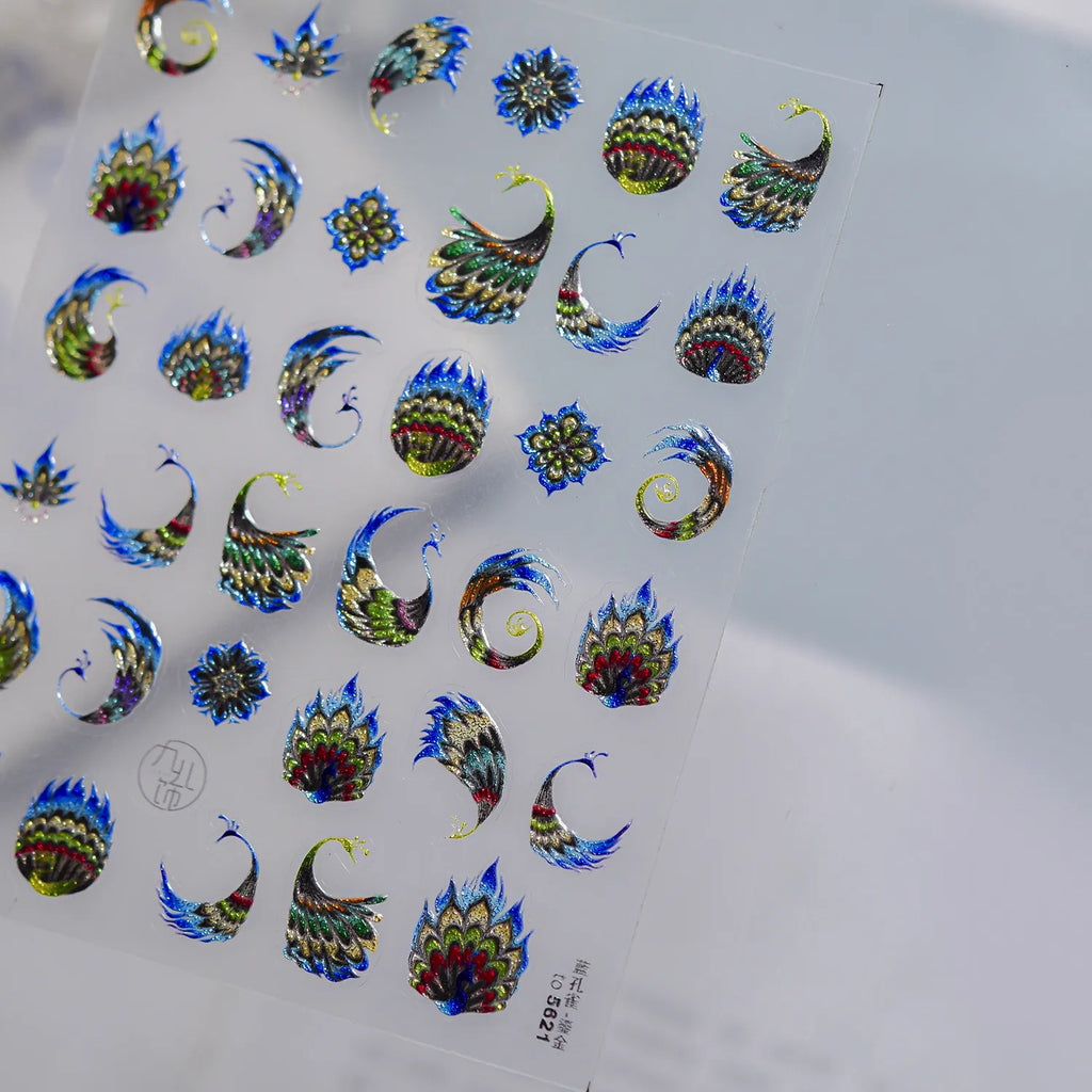 Metallic Peacock & Feather Nail Stickers - Gold Foil Exotic Art 5621