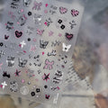 Y2K Silver Metallic Nail Stickers - Goth Bunny & Plaid Bow Decals 5630