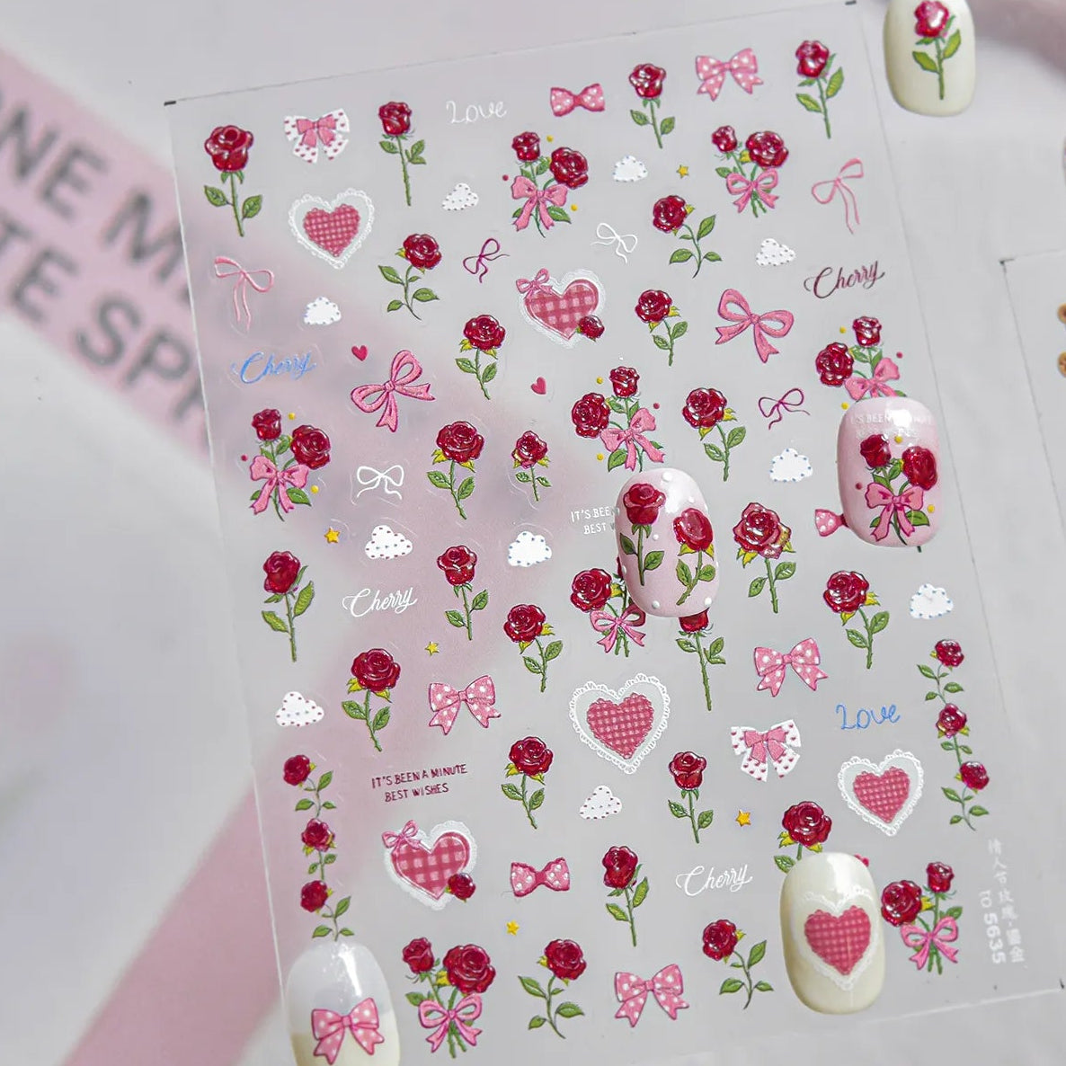 3D Rose Bear & Bow Nail Stickers - Valentine Nails Art 