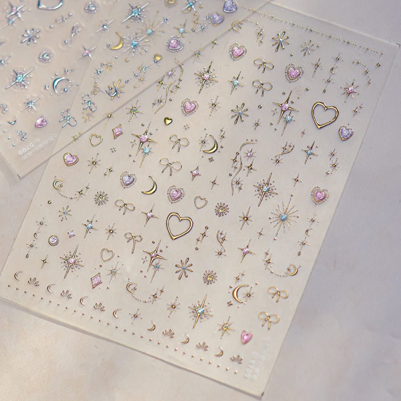 3D Celestial Star & Heart Nail Stickers | Gold Silver Gemstone Decals