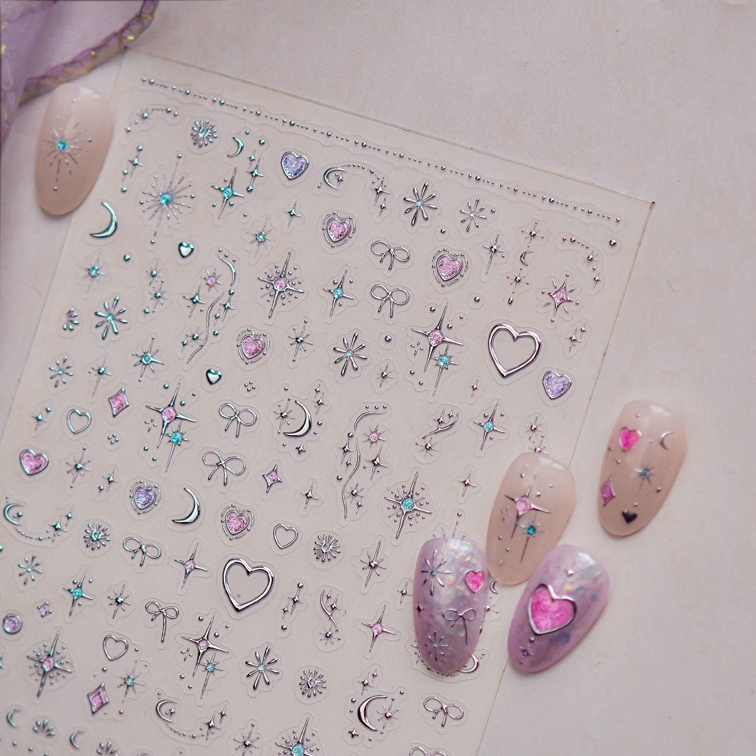 3D Celestial Star & Heart Nail Stickers | Gold Silver Gemstone Decals