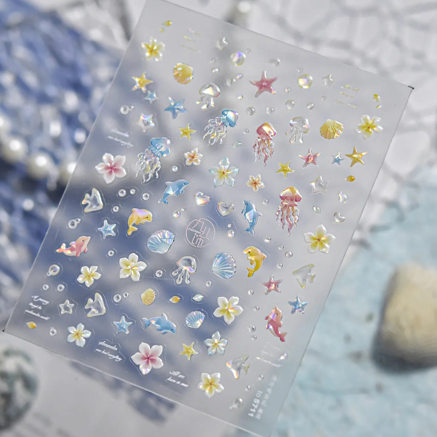 3D Aurora Mermaidcore Nail Stickers - Holographic Jellyfish & Shells