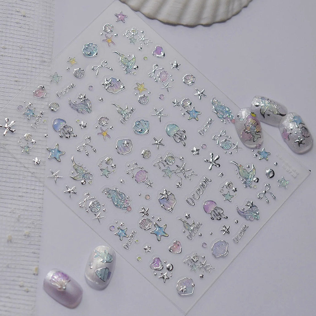 5D Silver Mermaid Ocean & Shell Nail Stickers 