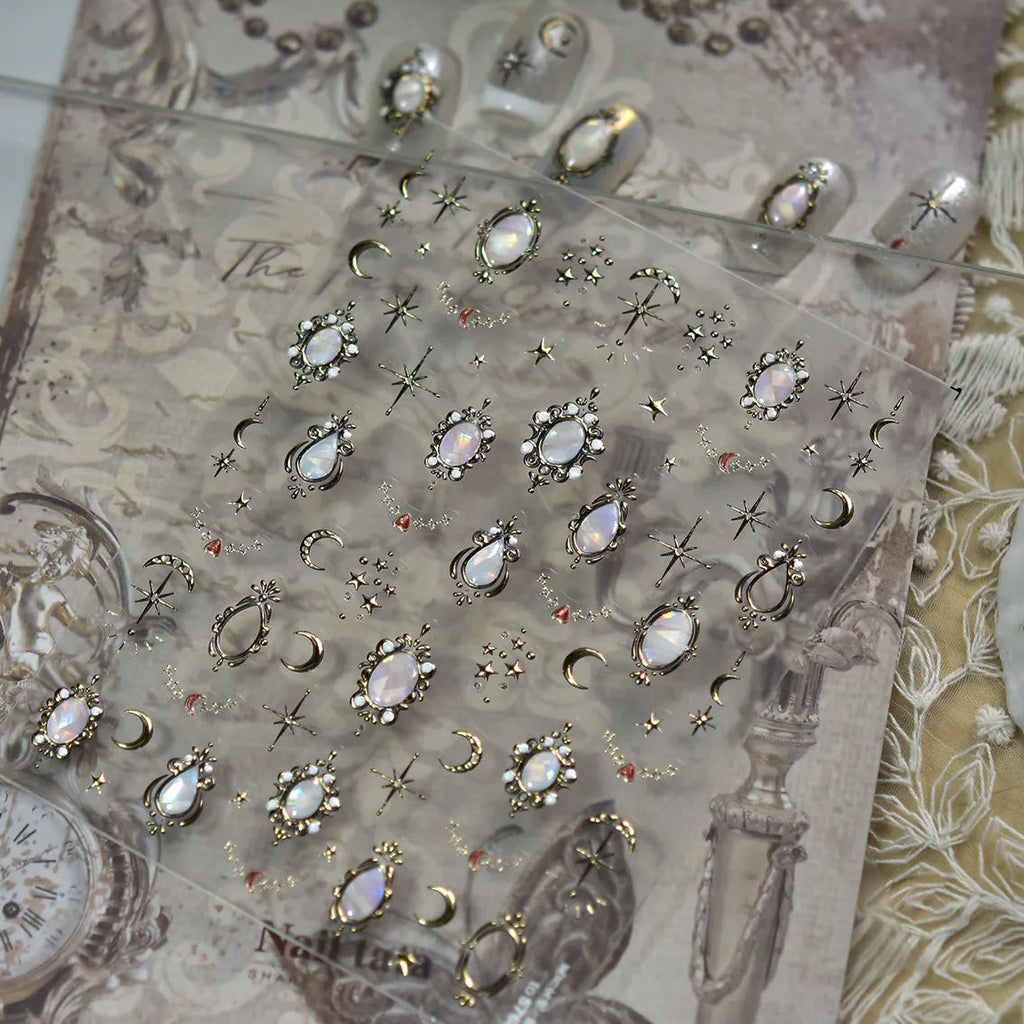 Vintage Celestial Opal Mirror Nail Stickers | Pearl Heart Locket Decals