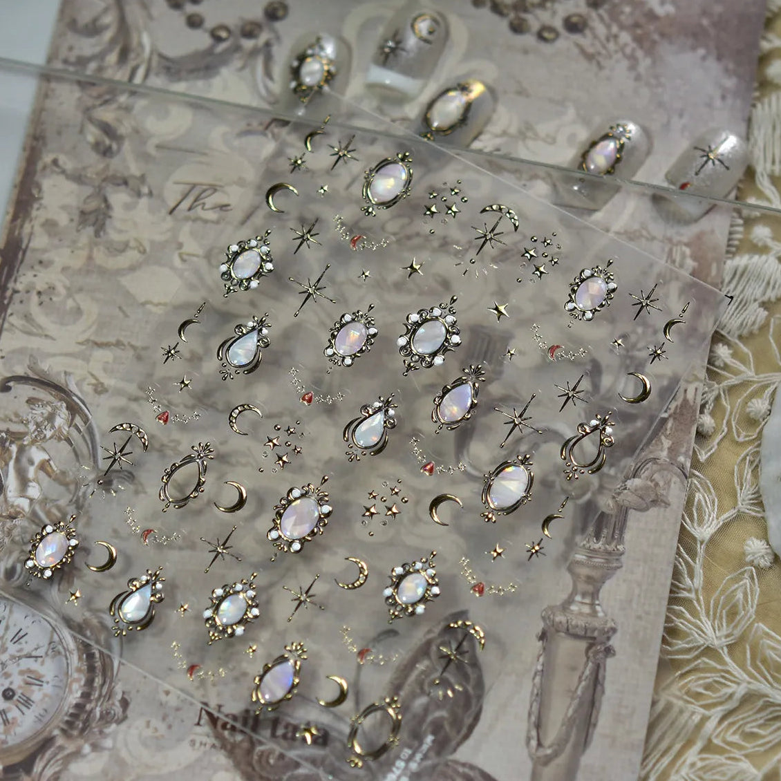 Vintage Celestial Opal Mirror Nail Stickers | Pearl Heart Locket Decals