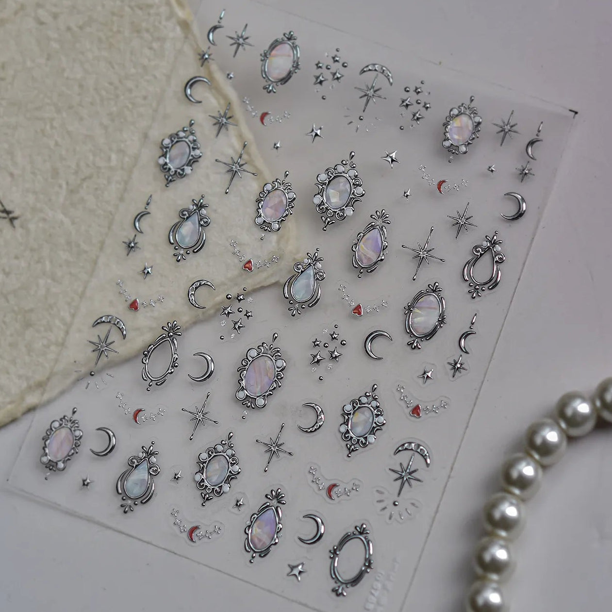 Vintage Celestial Opal Mirror Nail Stickers | Pearl Heart Locket Decals