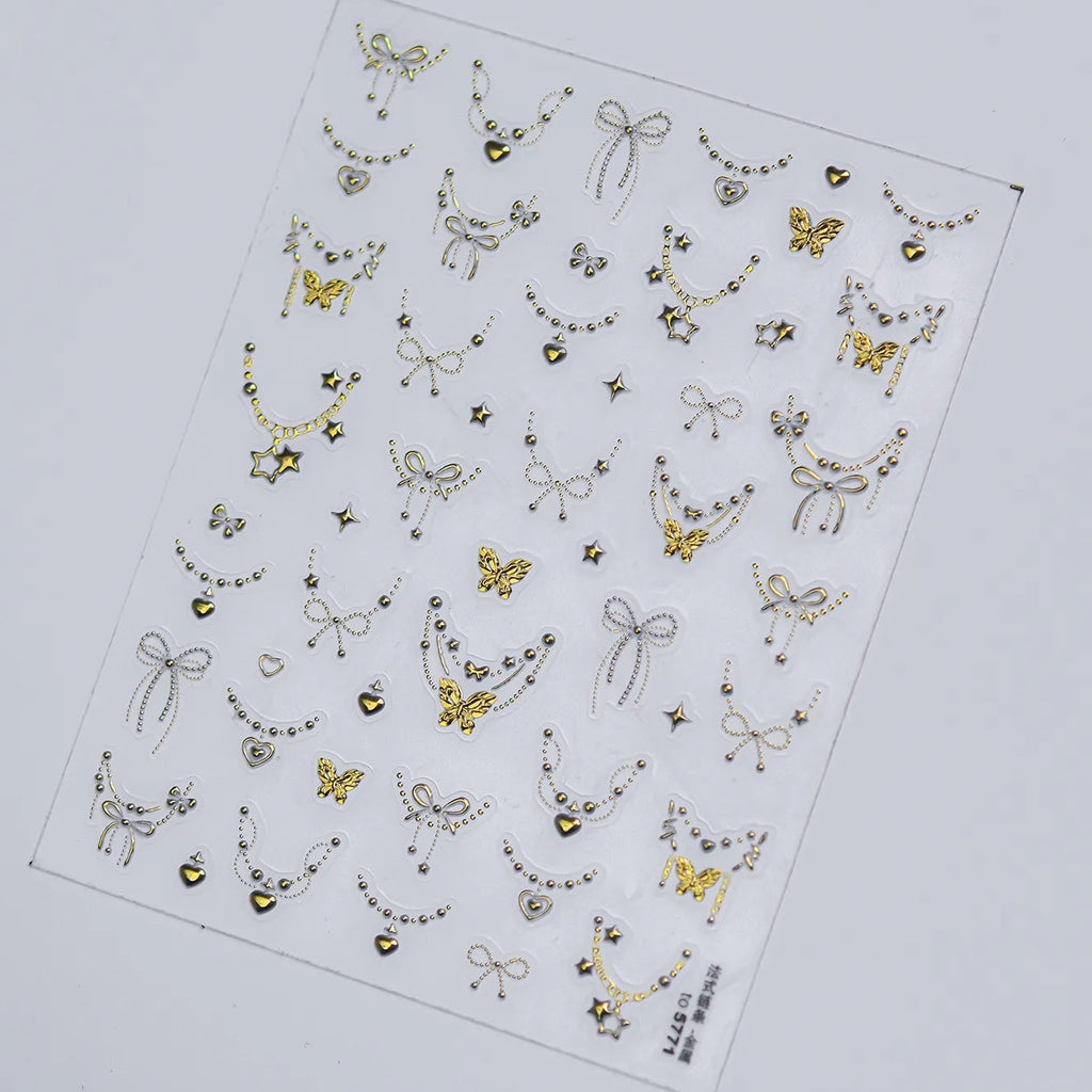 3D Metallic Jewelry Nail Stickers - Coquette Bows Pendant Chains Decals