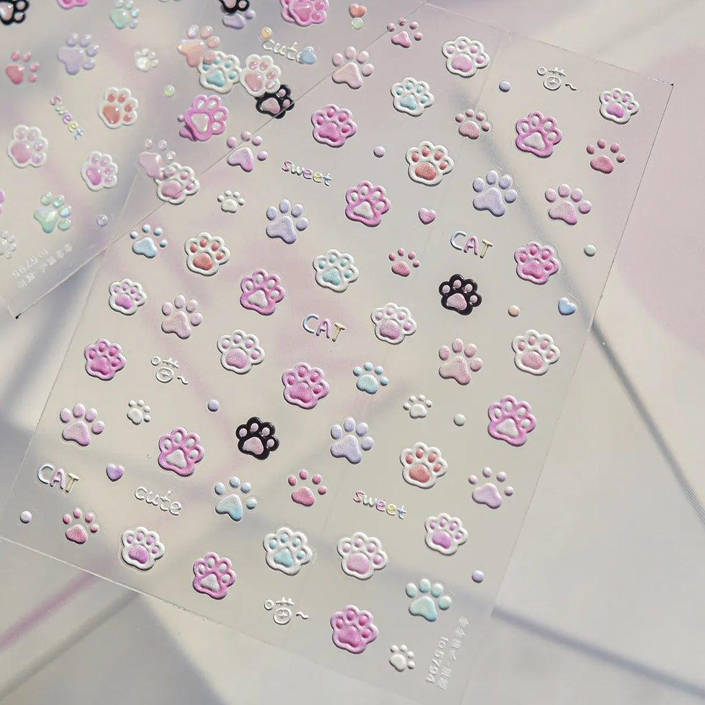 Kawaii 3D Cat Paw Nail Stickers - Cute Pastel Kitten Claws Decals