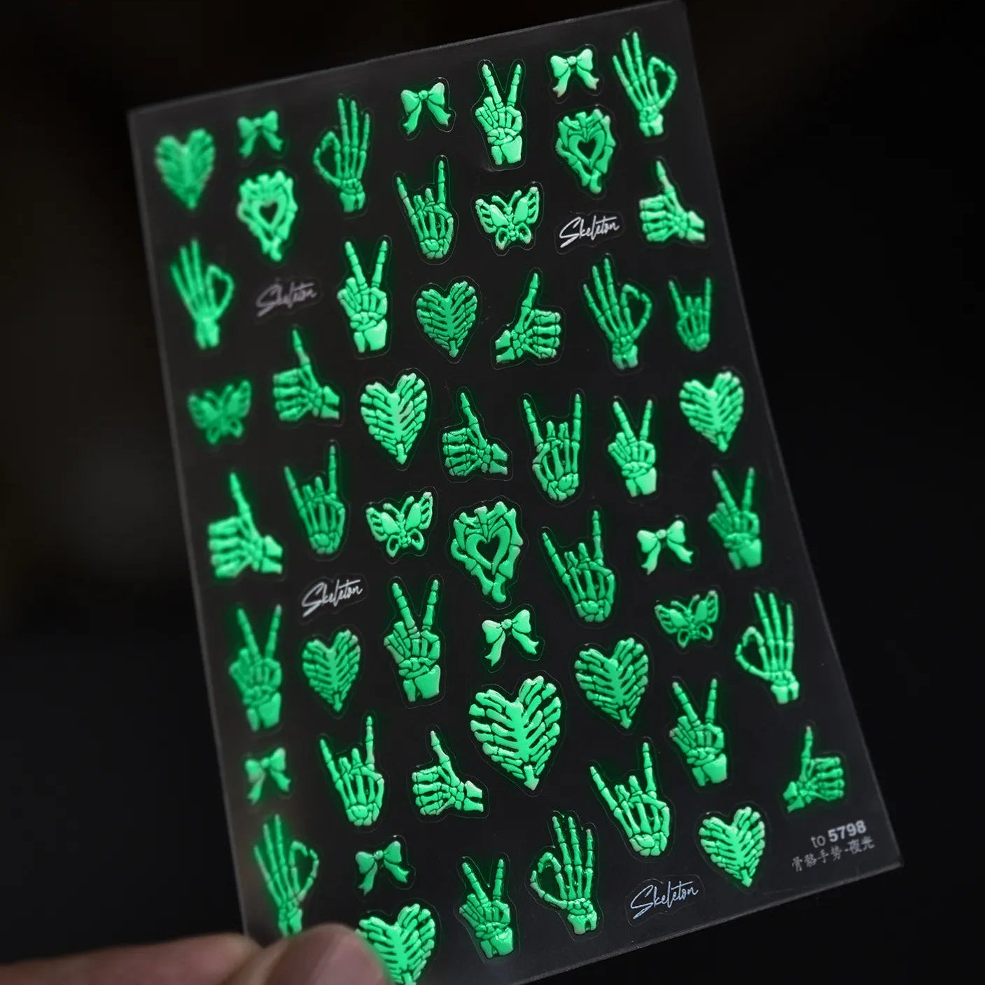Glow in the Dark Skeleton Hand Nail Stickers - Gothic Heart Decals