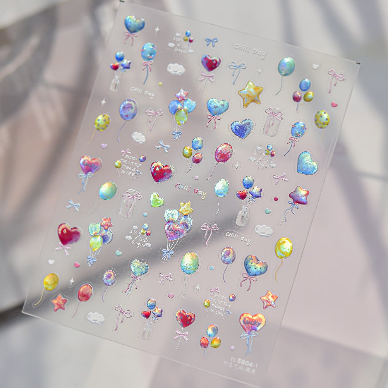Jelly Balloon 3D Nail Stickers - Iridescent Heart & Bow Decals 
