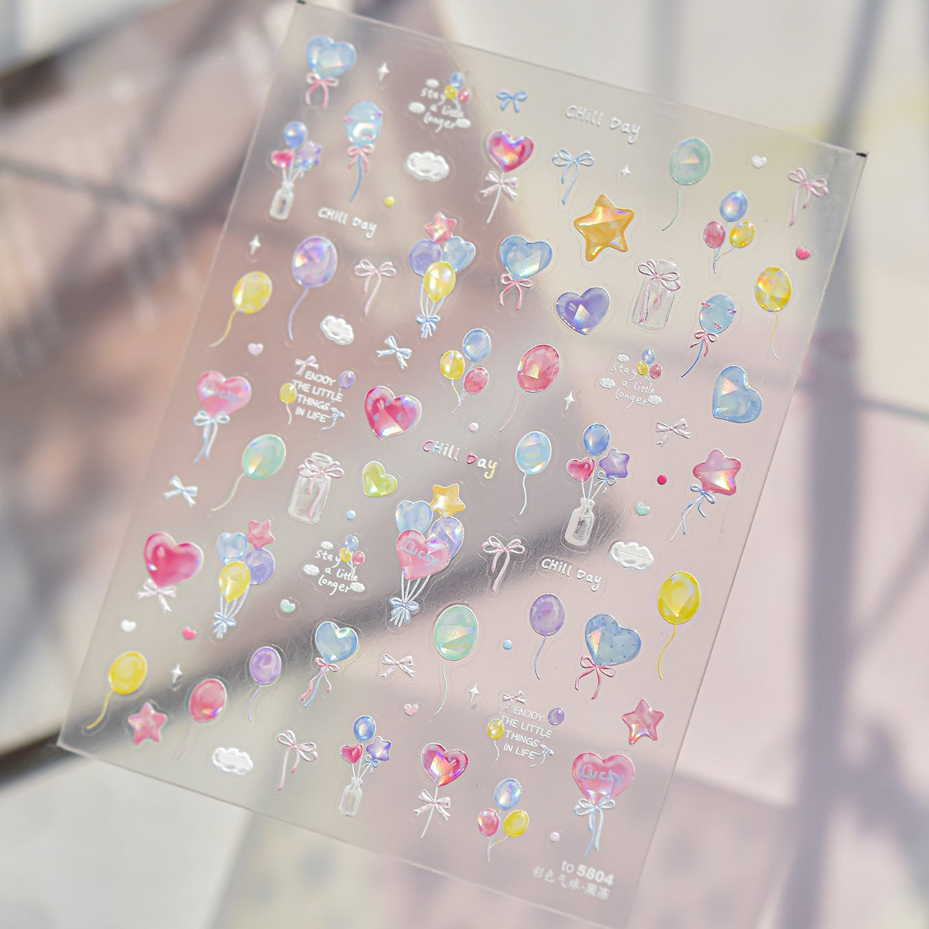 Jelly Balloon 3D Nail Stickers - Iridescent Heart & Bow Decals 