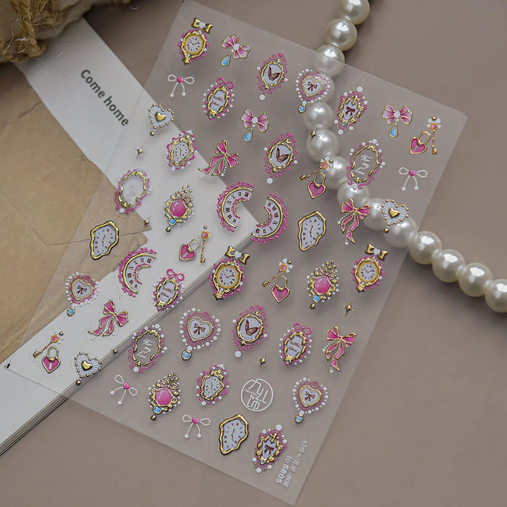 3D Alice Wonderland Nail Stickers - Pink Melting Clock & Coquette Bows Decals
