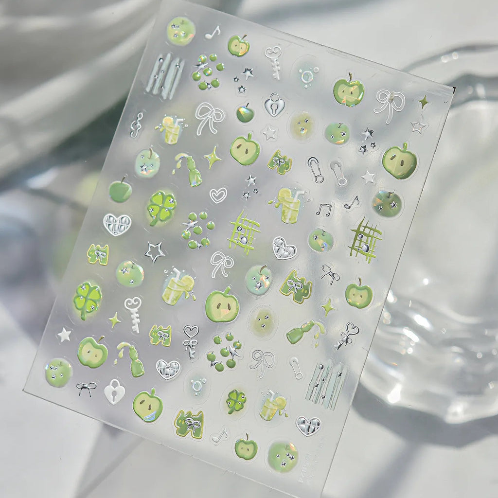 Kawaii 3D Apple & Clover Nail Stickers - Y2K Coquette Decals