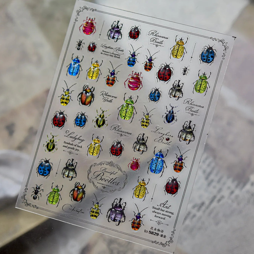 Vintage Beetle & Ladybug 3D Insect Nail Stickers - Botanical Nature Decals