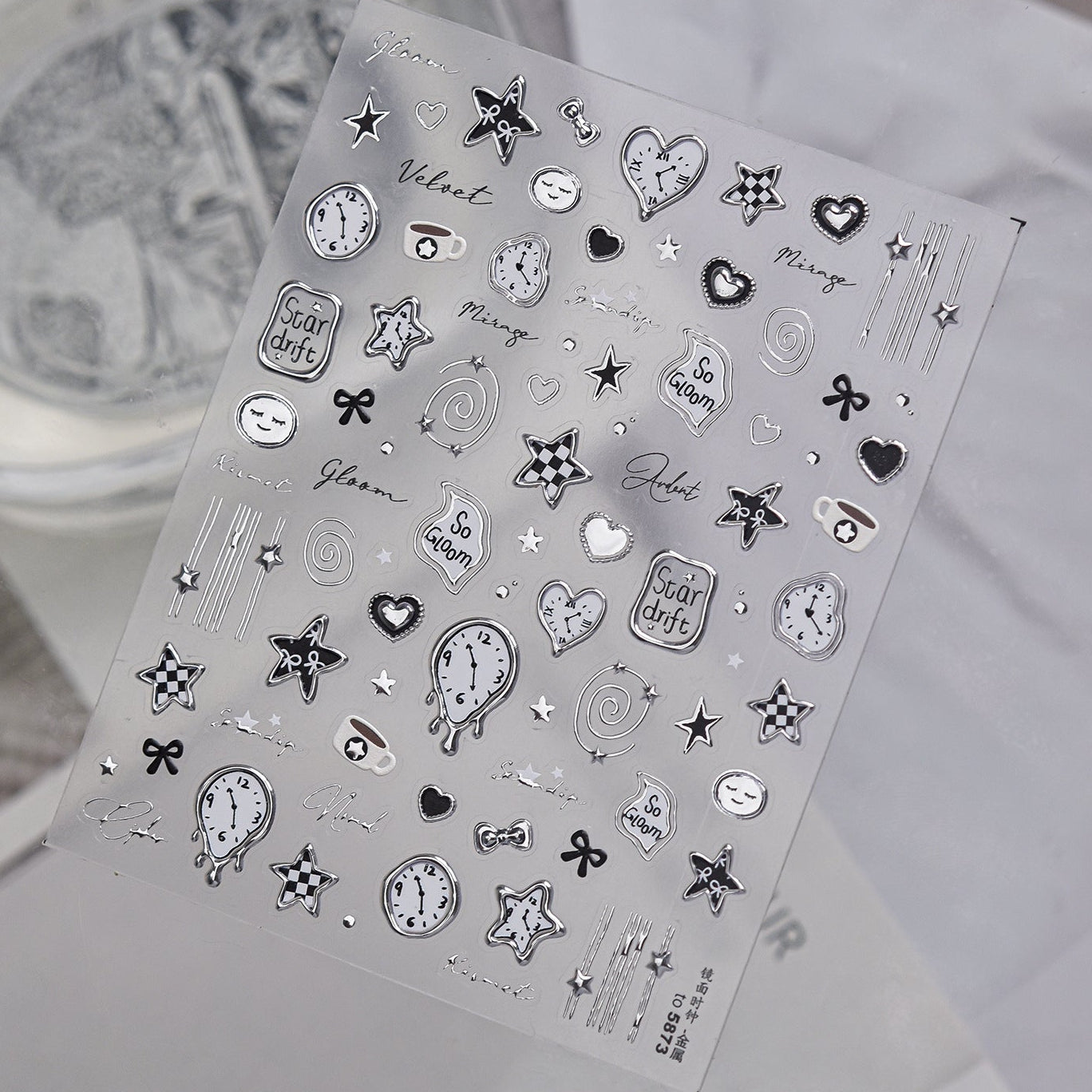 3D Silver Metallic Coquette Bow Nail Stickers - Chrome Star & Cherry Decals