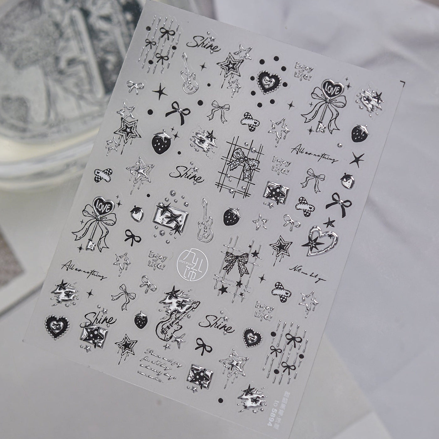 3D Silver Metallic Coquette Bow Nail Stickers - Chrome Star & Cherry Decals