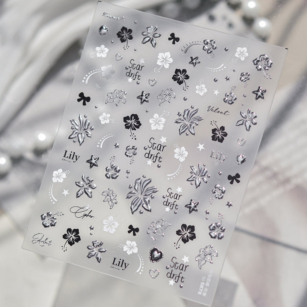 3D Silver Metallic Nail Art Stickers - Y2K Cyber Gothic Flower Decals 