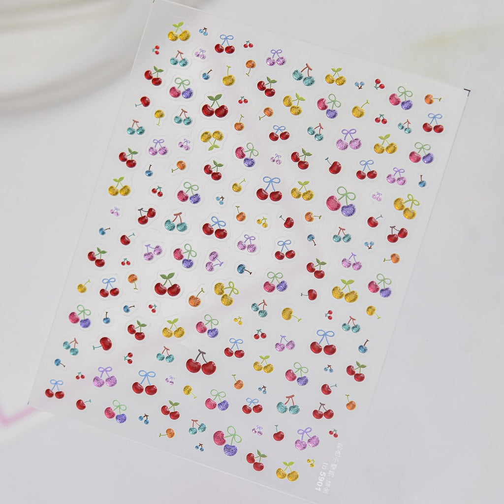 Summer Cherry & Blueberry Jelly Nail Stickers - Fruit & Bows Decals 5901