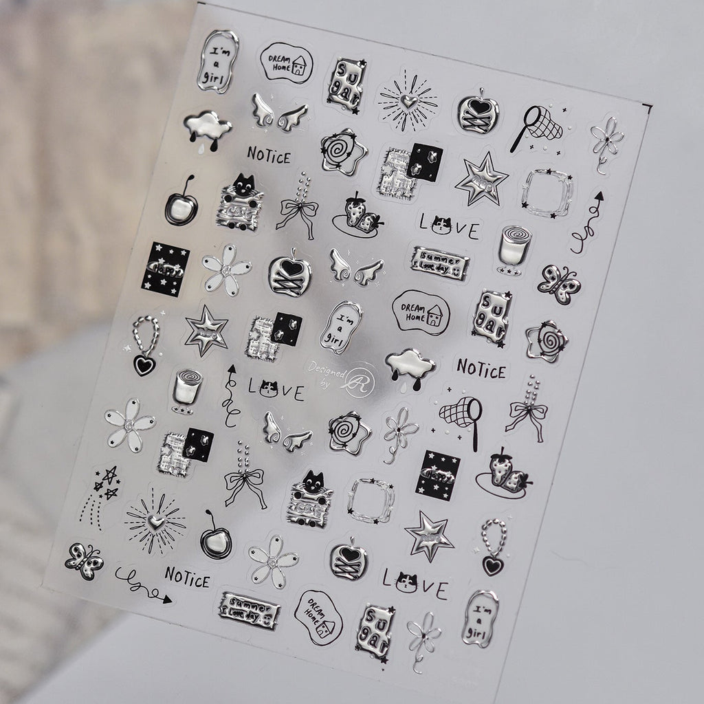 Silver Metallic 3D Nail Stickers - Y2K Cyberpunk Star & Heart Decals 5907