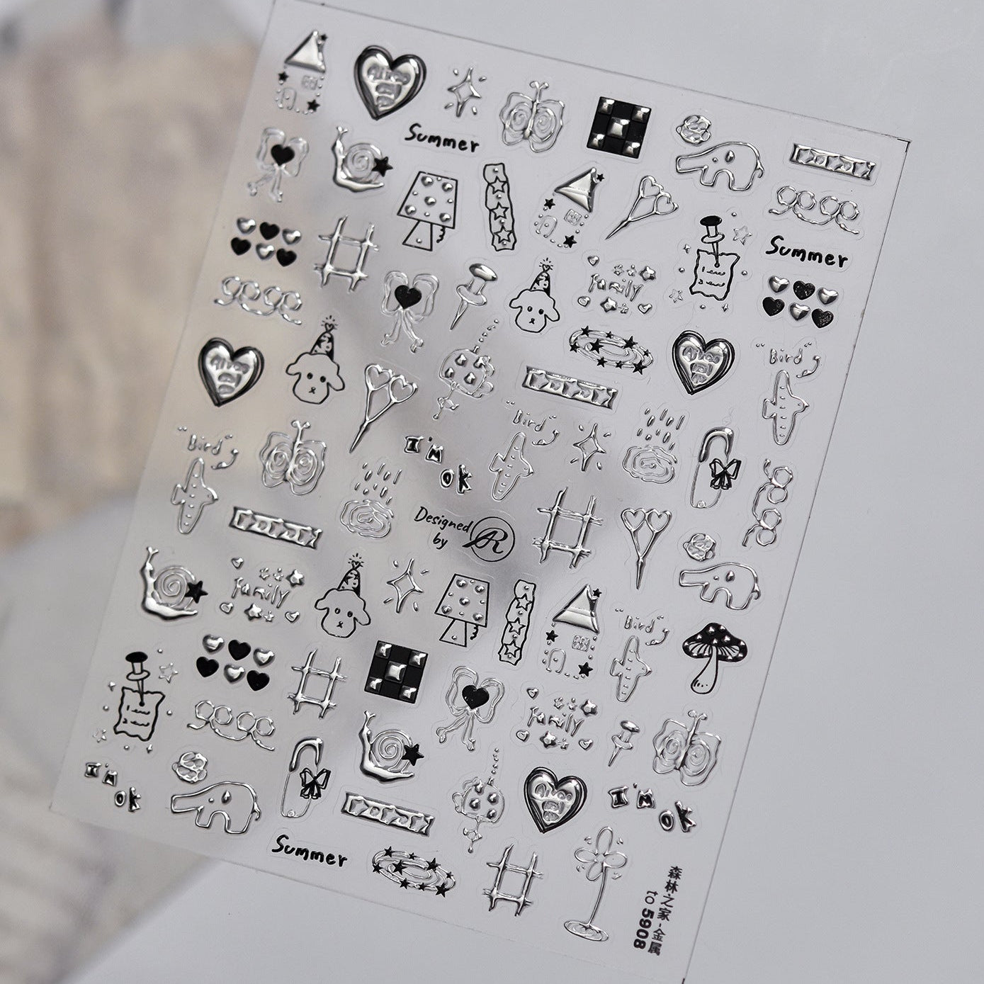 Silver Metallic 3D Nail Stickers - Y2K Cyberpunk Star & Heart Decals 5907