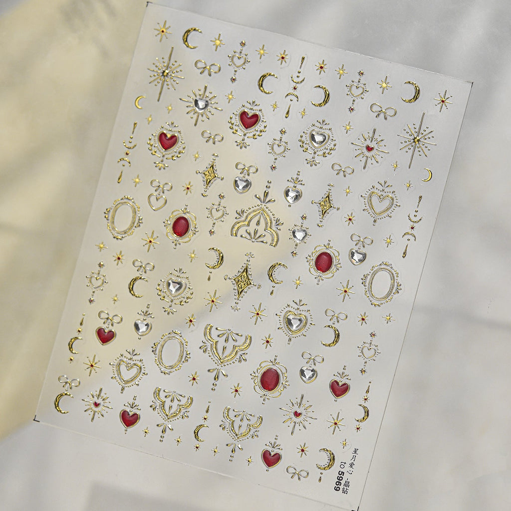 3D Metallic Celestial Nail Stickers - Vintage Heart & Moon Decals 5969
