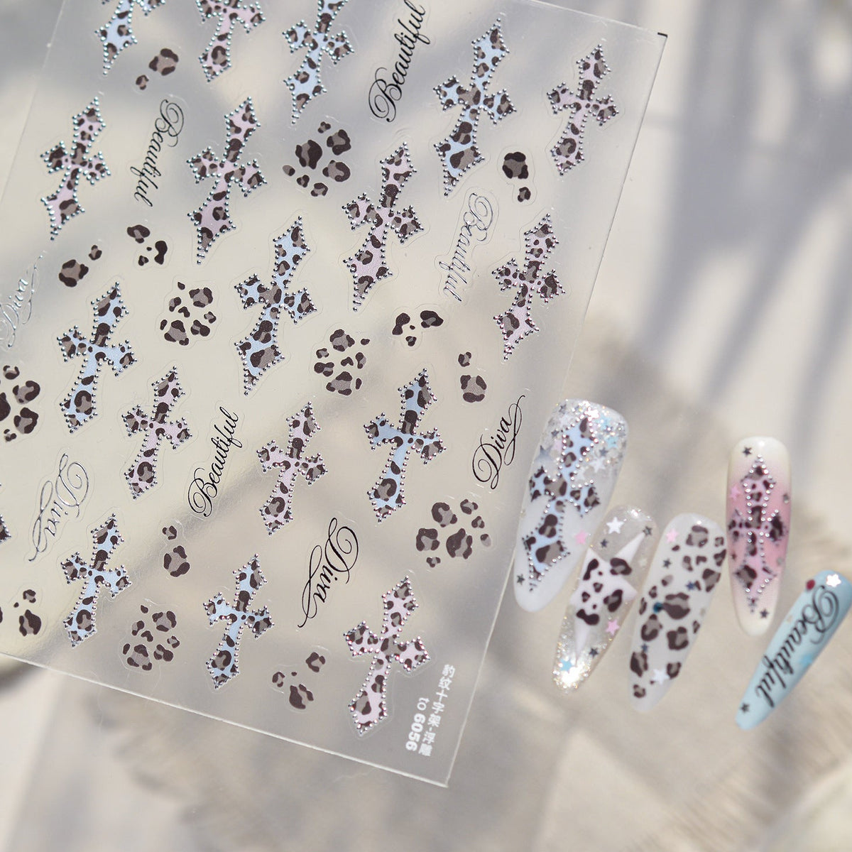 Y2K Bling Leopard Print & Cross Nail Stickers 6031