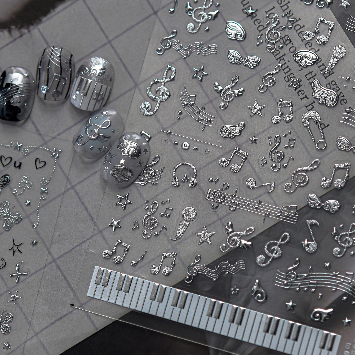 Y2K Metal Silver 3D Nail Stickers - Bowknot, Heart & Cross Decals