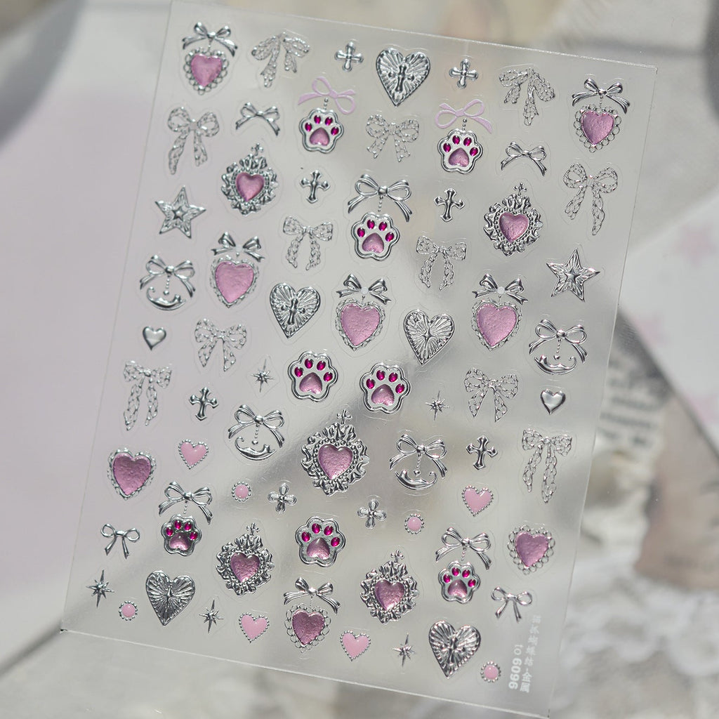 Y2K Metal Silver 3D Nail Stickers - Bowknot, Heart & Cross Decals