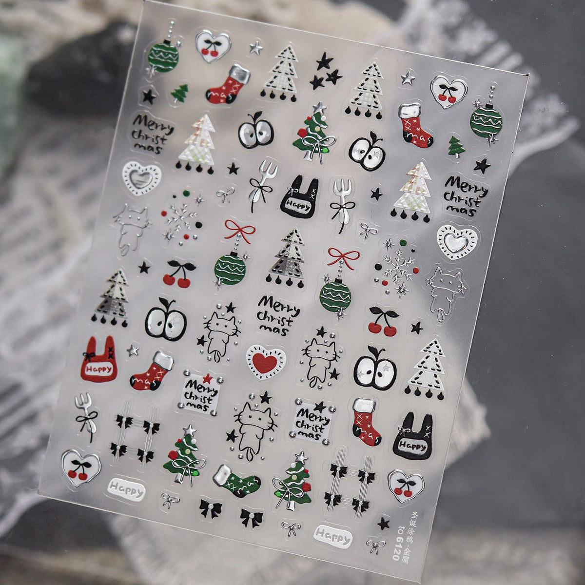 Cute Christmas Nail Art Stickers - Kawaii Cats, Xmas Trees, Snowflakes Decals 6120 