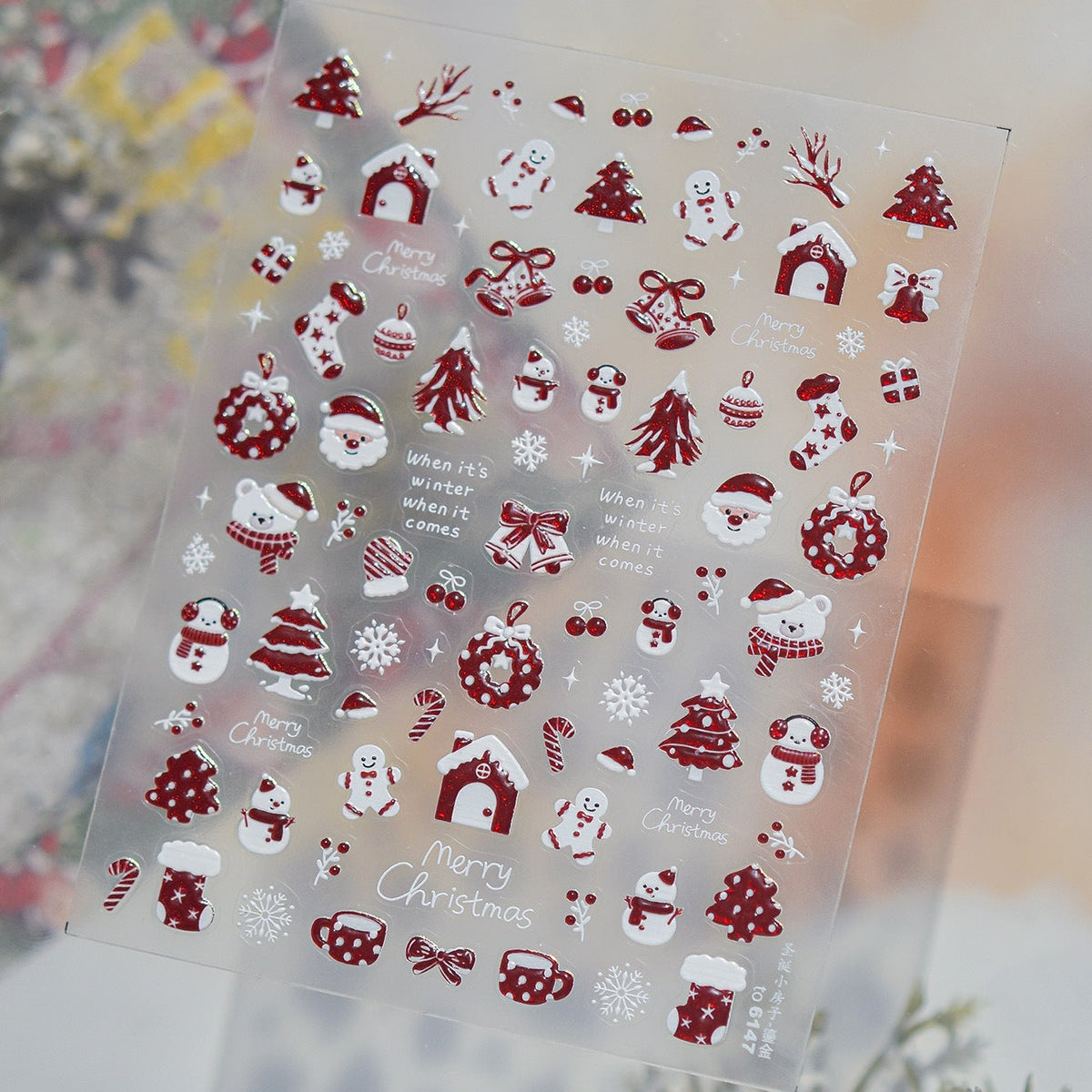 Red Blue Glitter Christmas Nail Stickers - Winter Snowman Snowflakes Decals 6147