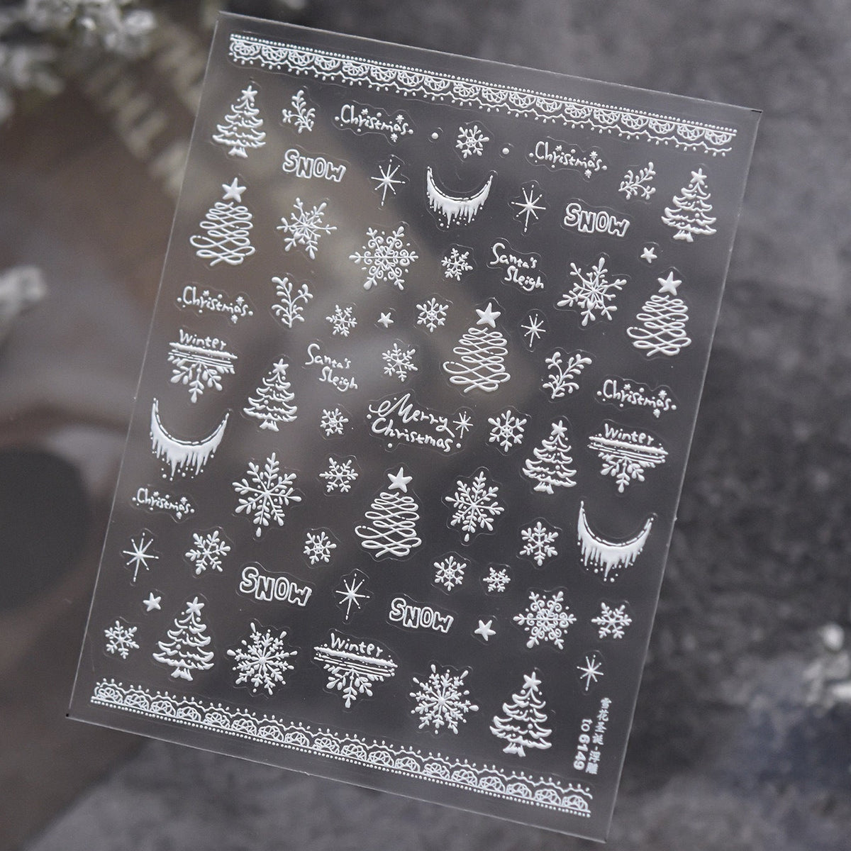 Embossed White Christmas Nail Stickers - Snowflake & Tree Design