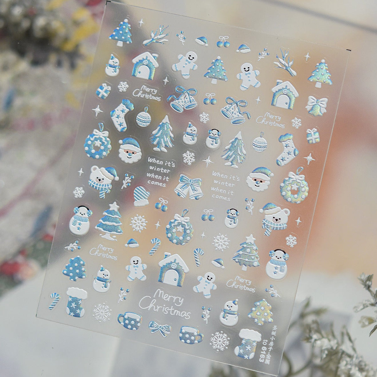 Red Blue Glitter Christmas Nail Stickers - Winter Snowman Snowflakes Decals 6147