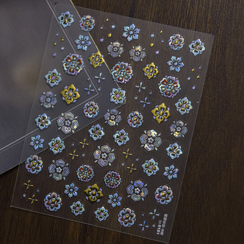 Retro Mother-of-Pearl Nail Stickers - Holo Floral Decals 6181