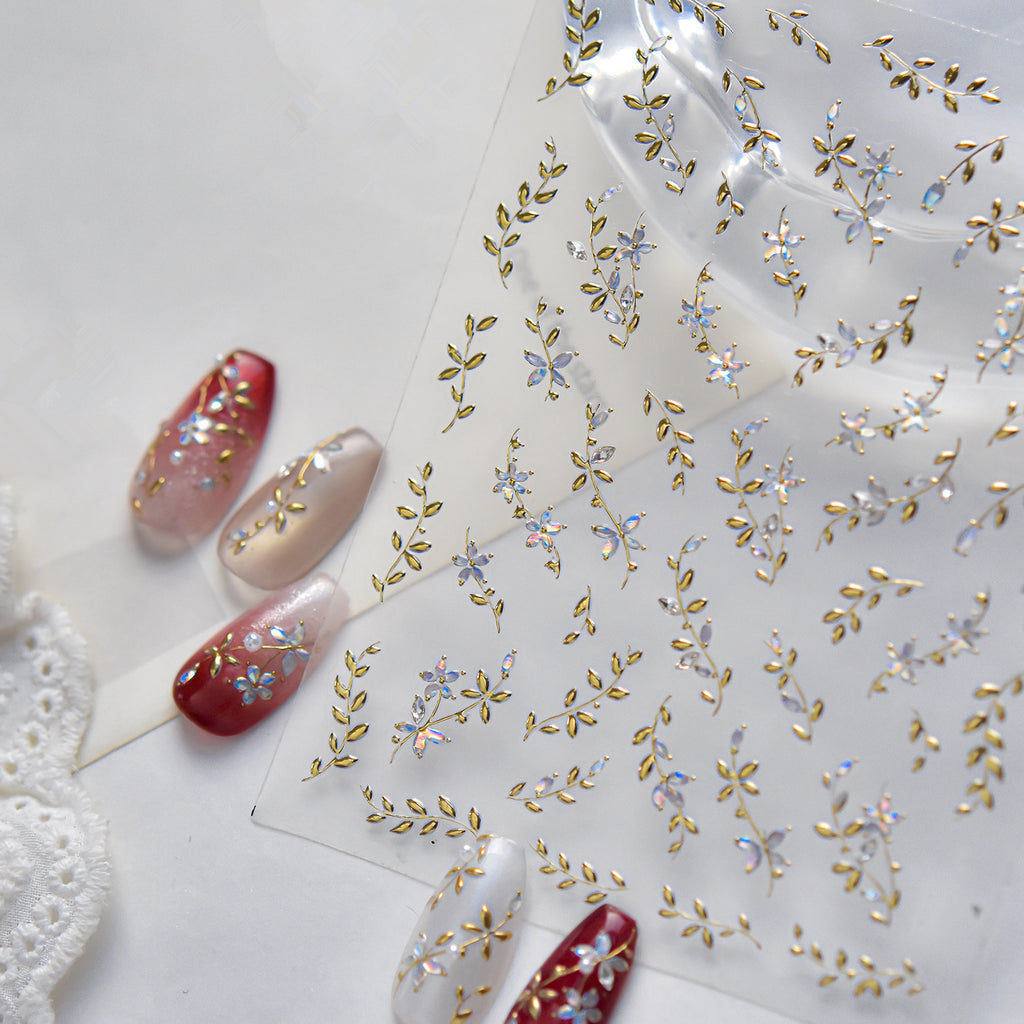 Gold Vine & Aurora Floral Nail Stickers | Iridescent Botanical Decals 6253