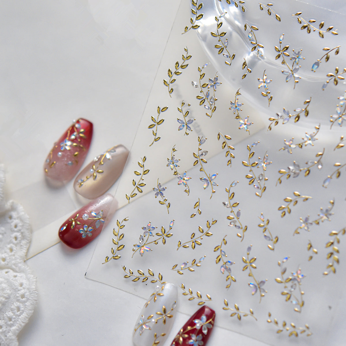 Gold Vine & Aurora Floral Nail Stickers | Iridescent Botanical Decals 6253