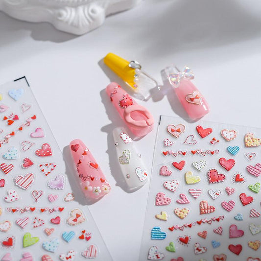 Pink Heart Nail Art Stickers Adhesive s Embossed Colorful Love Heart Shape - Nail MAD